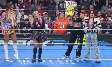 WWE SmackDown 14 November 2025 Episode Charlotte Flair, Alexa Bliss, Rhea Ripley, and IYO SKY together inside the ring.