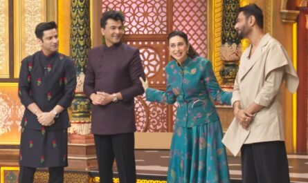 MasterChef India Season 9 Episode 17 Karishma Kapoor having fun with Ranveer Brar, Vikas Khanna, and Kunal Kapur