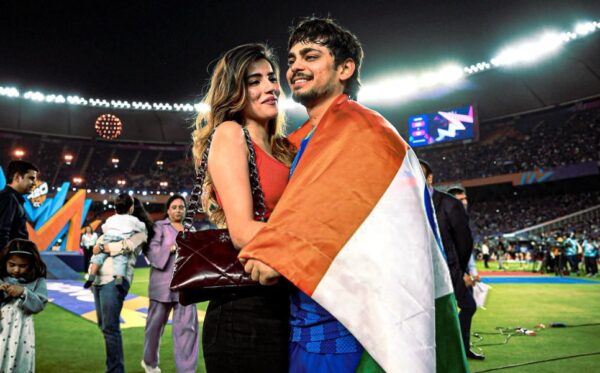 Aditi Hundia and Ishan Kishan celebrating India t20 World Cup 2026 win