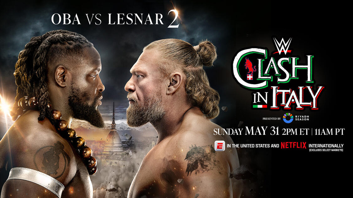 Oba Femi vs Brock Lesnar Part 2 advertisement banner for WWE Clash in Italy 2026.