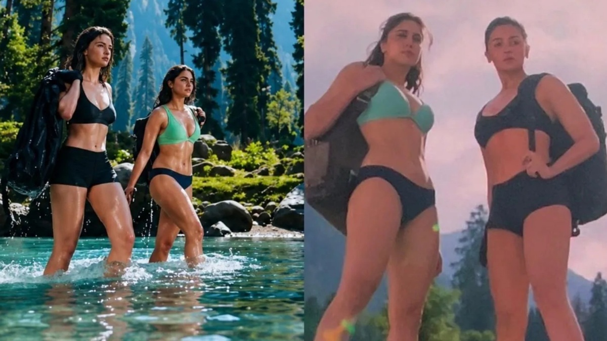Alia Bhatt and Sharvari Wagh showing wet bodies in tight bikini in Alpha 2026 film.