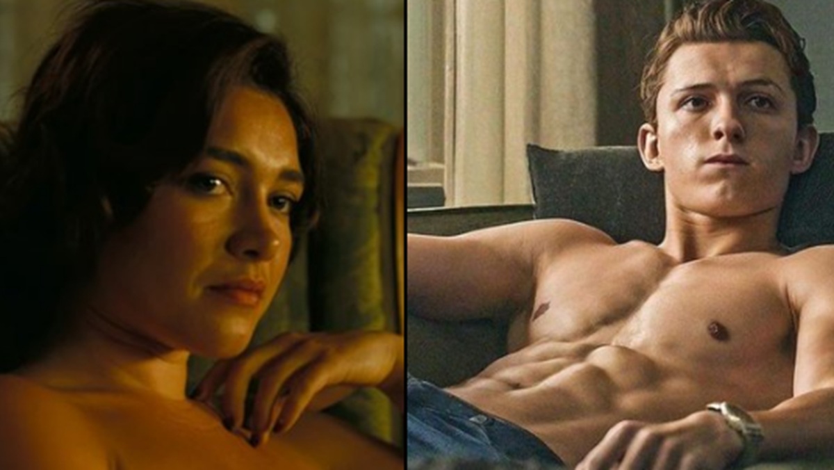 Yelena Belova and Spider-man actors Florence Pugh and Tom Holland sitting topless in side by side frame.
