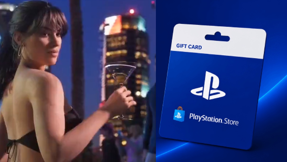 Lucia from GTA 6 side by side with PlayStation Network India Gift Card for PS5